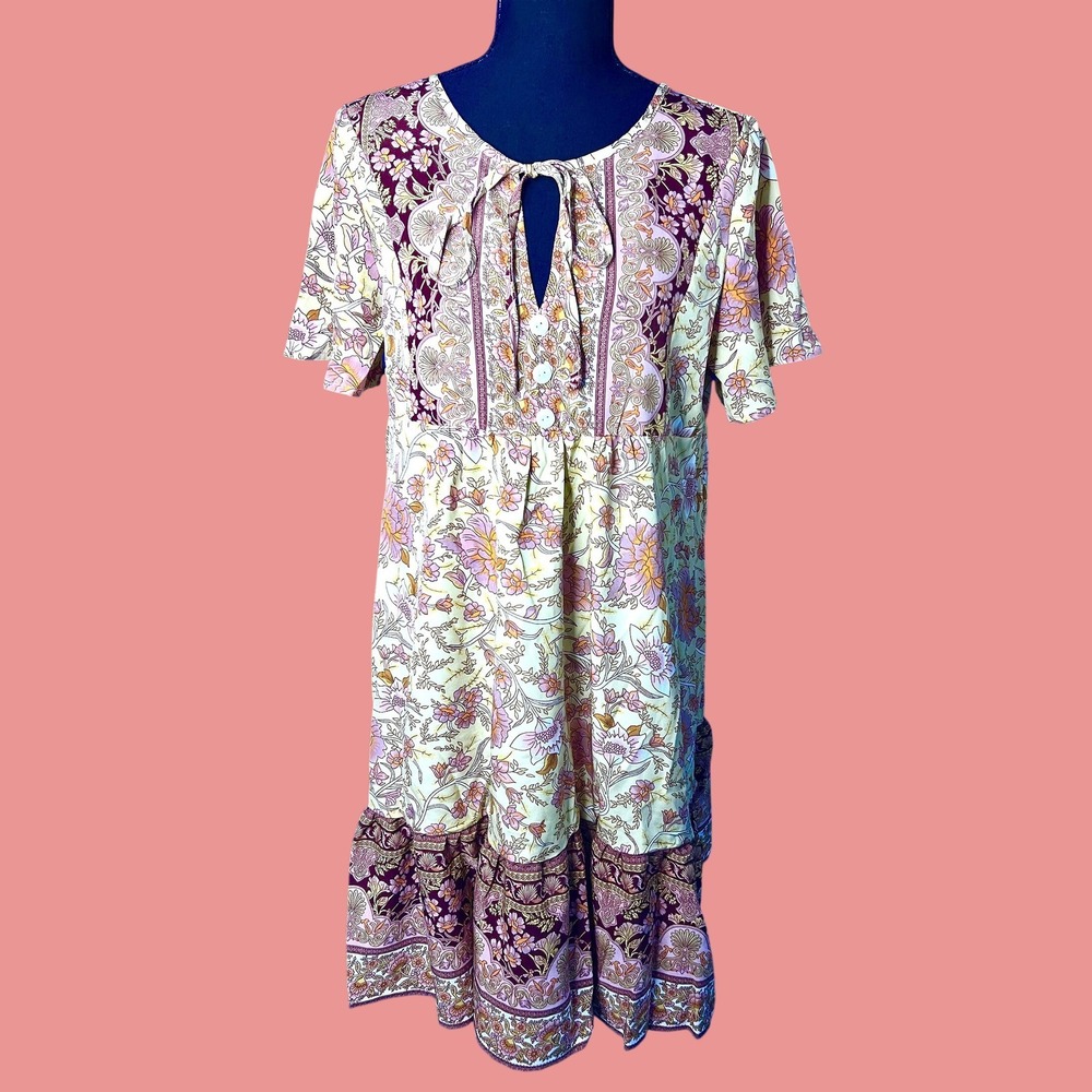 SHEIN Yellow Multicolor Paisley Boho Mini Dress Sz S Flowy Cottagecore Floral